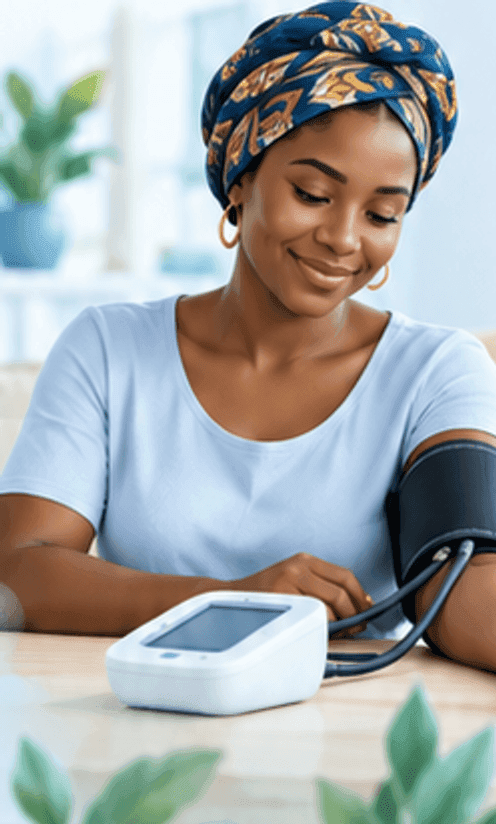 Une femme prend sa tension chez elle avec un tensiomètre électronique à bras.